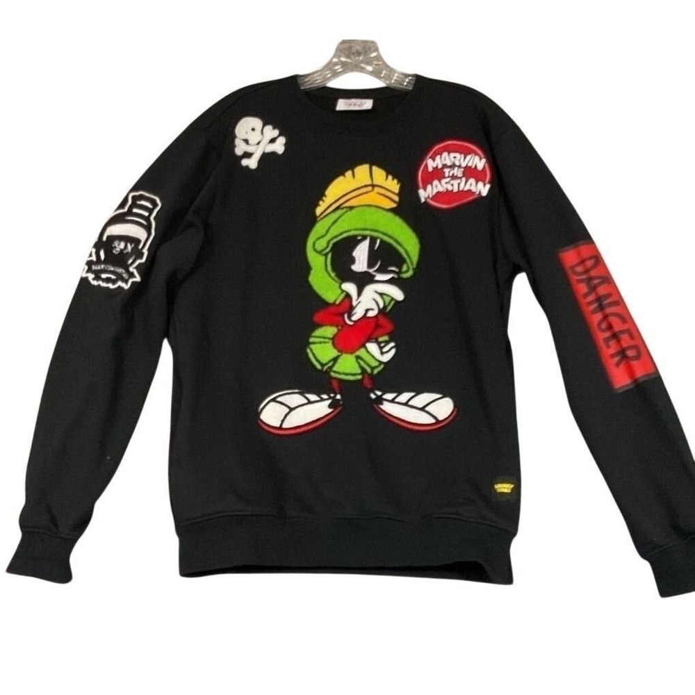 Looney Tunes Marvin the Martian Sweatshirt Set Mens M Black Good Chenille Patch
